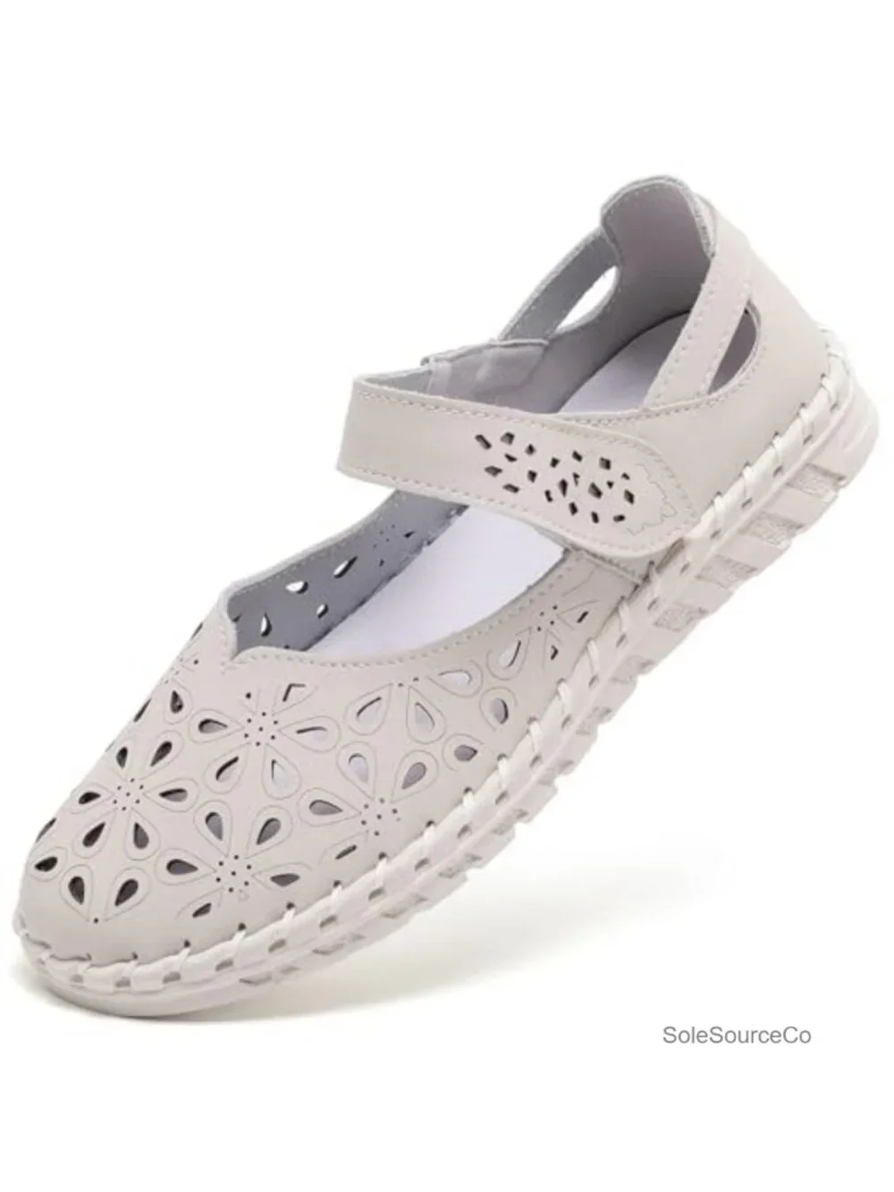 Women's Mary Jane Flats - Breathable Floral Cutout Walking Shoes with Strap,